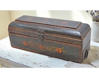 Vintage Wooden Pencil Stationary Box Original Old Hand Crafted Painted