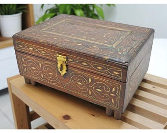 Vintage Holz Messing ausgestattet Aufbewahrungsbox Original alte Handarbeit