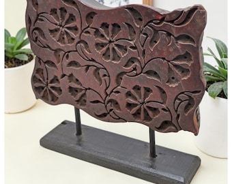 Antique Wooden Textile Printing Block Carving on Stand Original Old Hand Carved