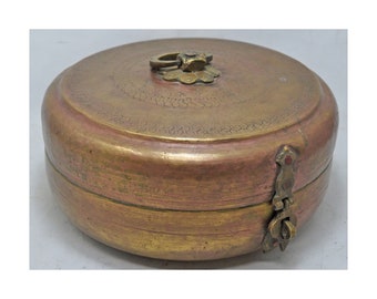 Antique Brass Round Chapati Bread Box Original Old Hand Crafted Engraved