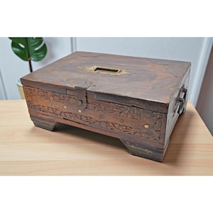 Antique Wooden Large Storage Treaure Chest Box Original Old Fine Hand Carved