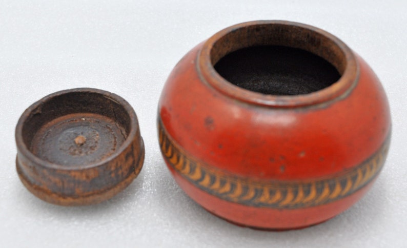 Antique Wooden Kum Kum Powder Tika Box Original Old Hand Carved Lacquered