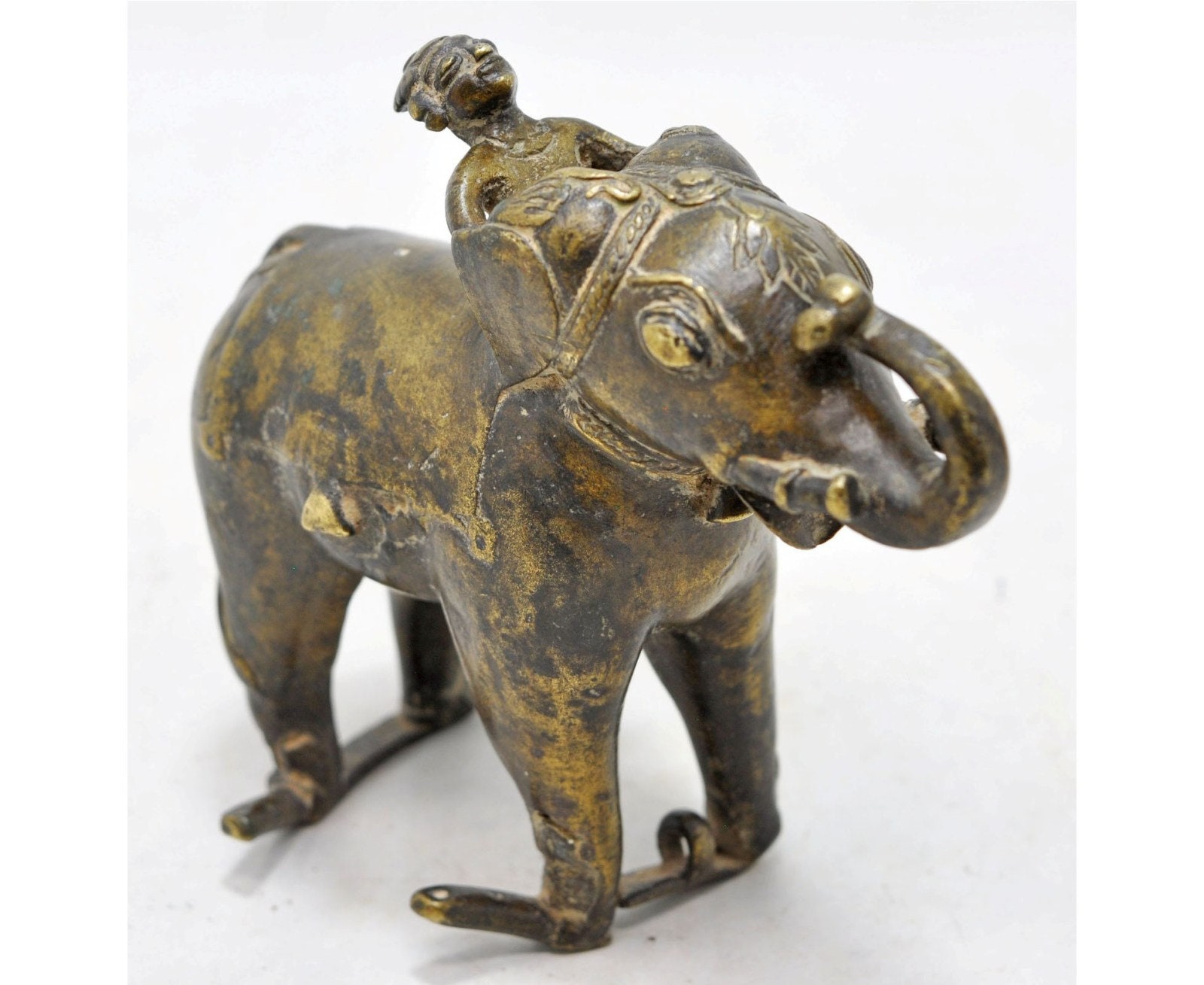 Antique Brass Elephant With Rider Figurine Original Old Hand Etsy
