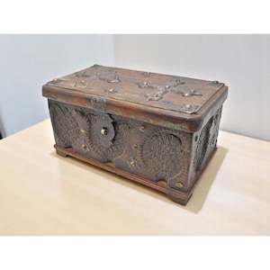 Antique Wooden Storage Chest Box Original Old Fine Hand Carved Metal Fitted