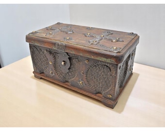 Antique Wooden Storage Chest Box Original Old Fine Hand Carved Metal Fitted