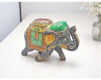 Vintage Wooden Elephant Figurine Original Old Hand Carved Painted