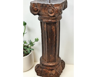 Antique Wooden Pillar Candle Holder Stand Original Old Fine Hand Carved