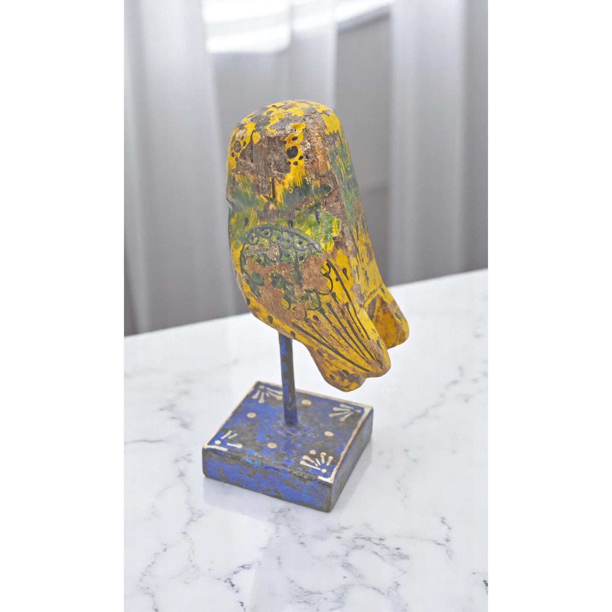 Vintage Wooden Owl Figurine on Stand Original Old Hand Carved Painted