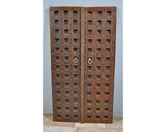 Antique Teak Wood Large Door Panels Pair Geometrical Carving Brass Handles 38x70 inches