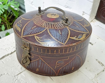 Antique Wooden Round Box Original Old Hand Crafted Very Fine Lacquer Painted