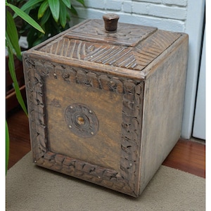 Antique Wooden Square Storage Chest Box Original Old Hand Carved