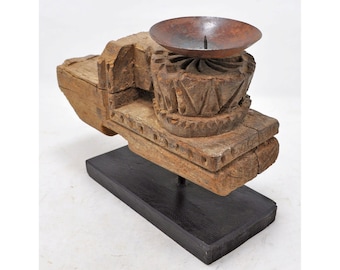 Antique Wooden Candle Holder Stand Original Old Hand Carved