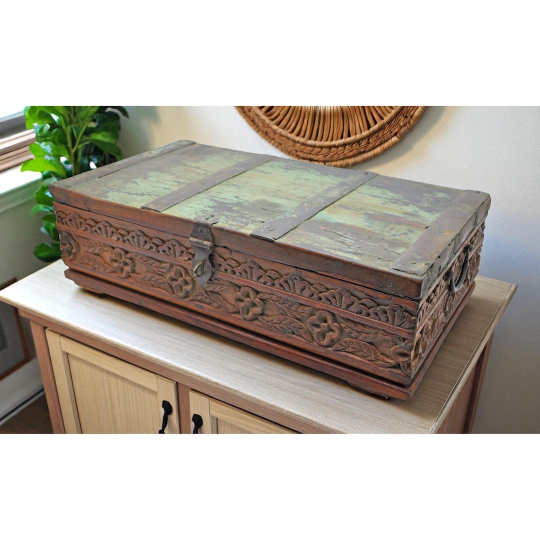 Antique Wooden Treasure Chest Box Original Old Hand Carved Metal Fitted ...