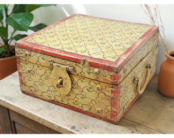 Vintage Wooden Square Storage Chest Box Original Old Hand Crafted Painted