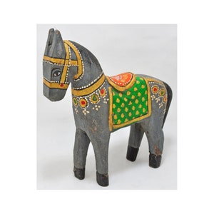 Hand Carved Hard Wood Horse Figurine Statue Rustic Hand Painted Grey