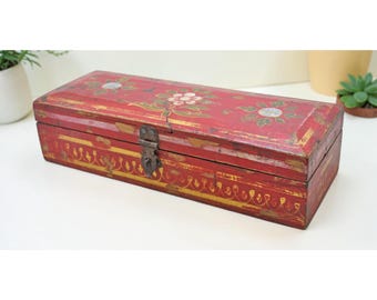 Vintage Wooden Pencil Stationary Box Original Old Hand Crafted Painted