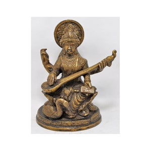 New Brass Goddess Saraswati Idol Figurine Statue Hand Crafted Casted Engraved