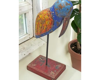 Vintage Wooden Bird Figurine on Stand Original Old Hand Carved Painted