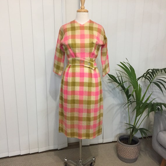 1950's Wool Check Dolman Sleeve Pencil Dress