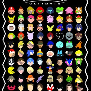 May include: A black and white graphic featuring the Super Smash Bros. Ultimate logo and a grid of 72 colourful character icons. The characters include Mario, Link, Pikachu, Donkey Kong, and many more.