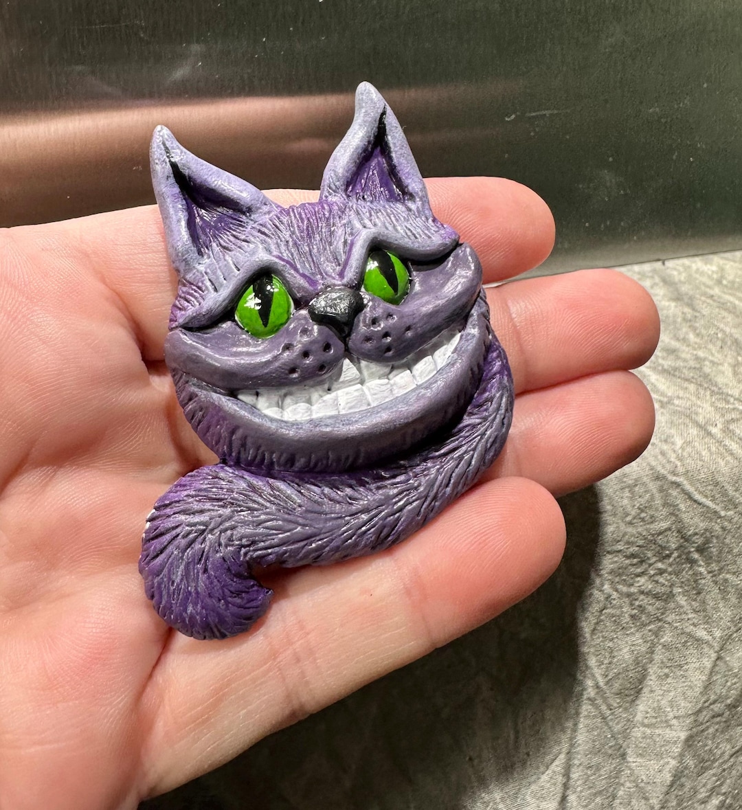 Hand-sculpted Cheshire Cat Polymer Clay Refrigerator Magnet