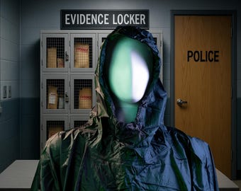 May include: A person wearing a blue hooded raincoat stands in front of a wall with a sign that reads "EVIDENCE LOCKER". There are metal lockers behind the person. A door with the word "POLICE" on it is to the right of the person.
