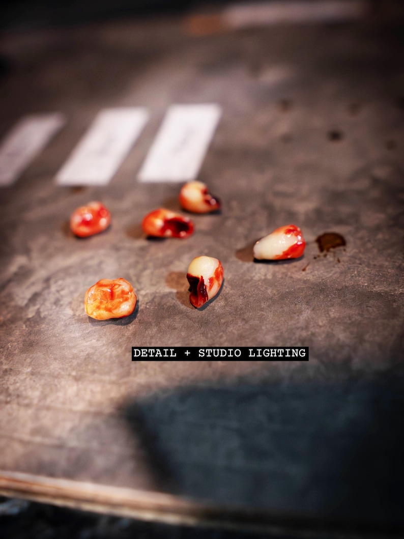 Fake Human Teeth Set | Distressed, Bloody, and Aged for Haunted Houses, Movie Props, or Creepy Home Displays, Macabre Decor, Halloween Decor image 5