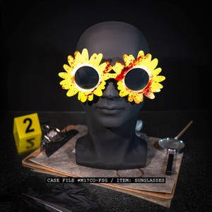 Terrifying Mime Clown Flower Sunglasses – Bloody Yellow Flower Glasses for Adults, Killer Clown Cosplay Prop, Horror Costume Accessory