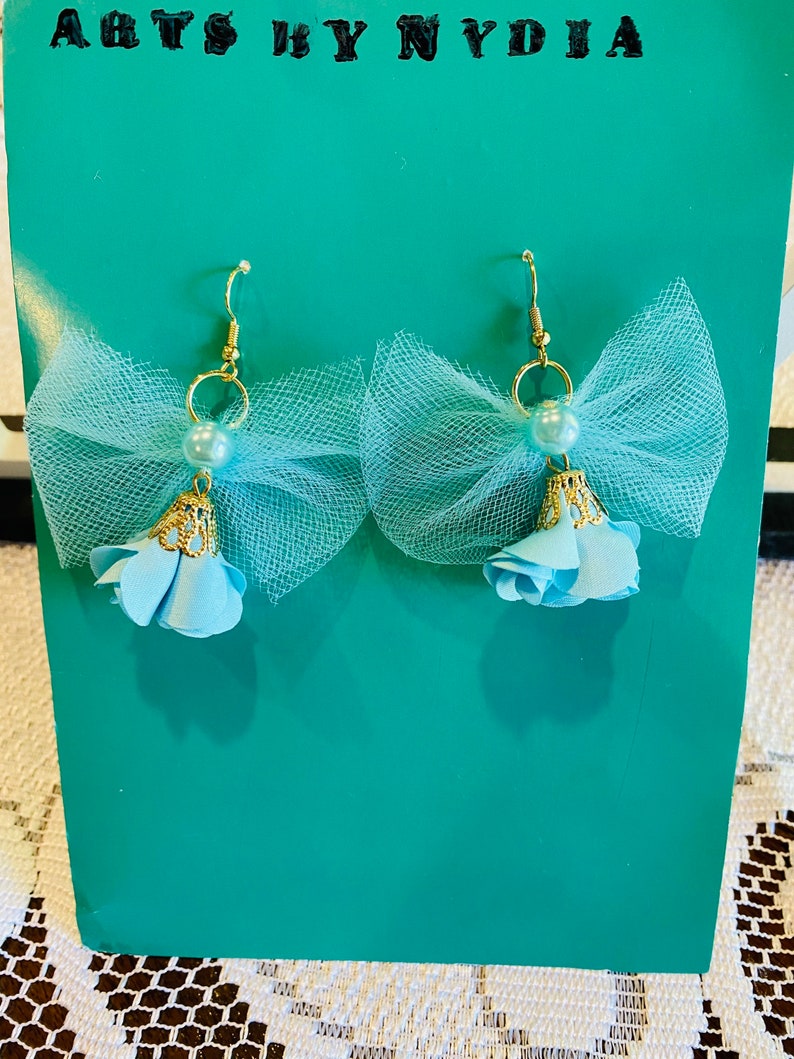 Flower earrings Aqua silk tassel flower with bow tulle