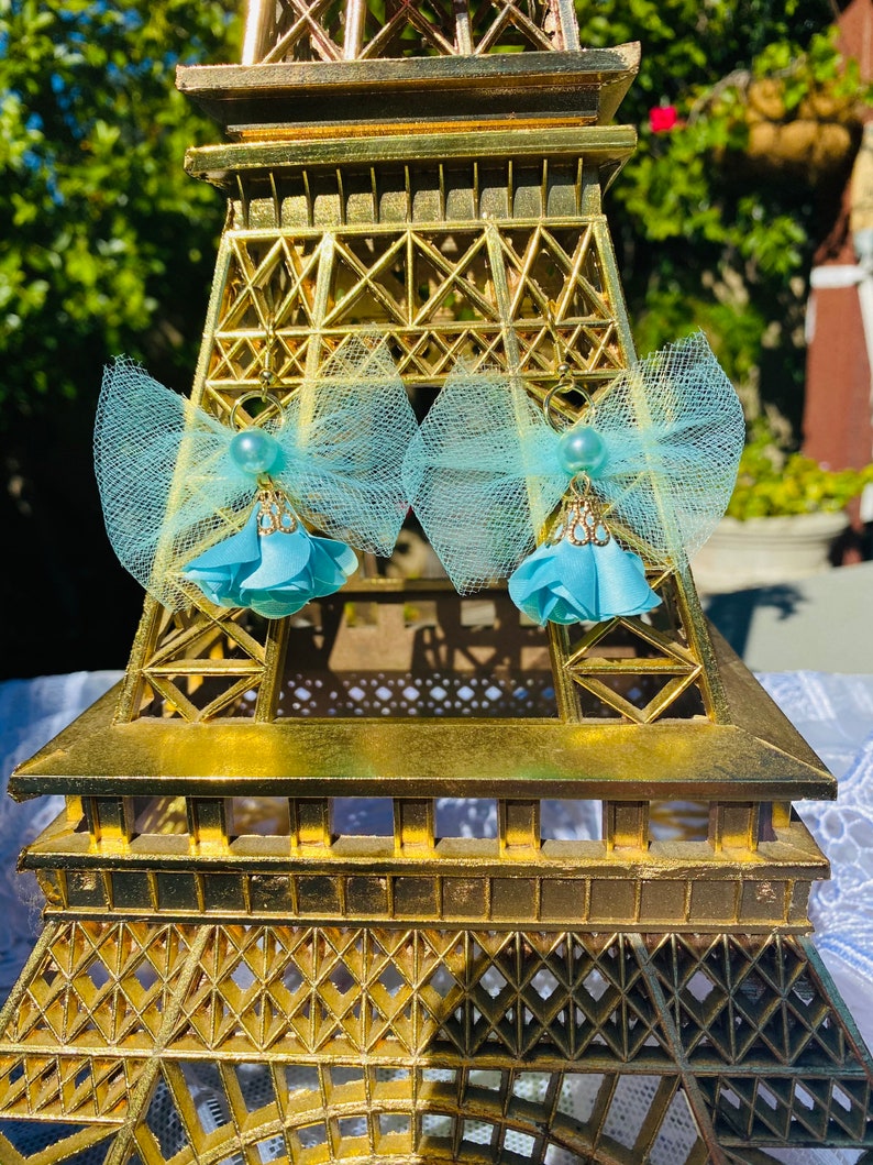 Flower earrings Aqua silk tassel flower with bow tulle