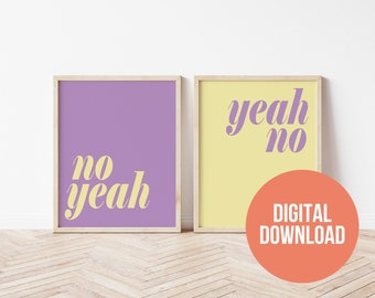 Yeah No Purple and Yellow Art Print Set, Digital Download, Typography Print, Minimal Art Print, Set of Two, Modern Art, Danish Pastel Decor