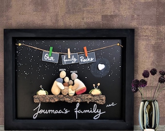 Unique family pebble art portrait, Anniversary gift, Gift for husband/wife