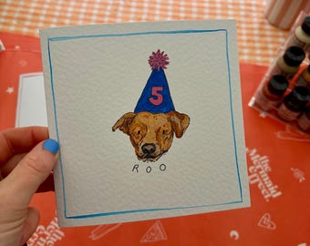 Carte de portrait d'anniversaire d'animal de compagnie peinte à la main : caricature personnalisée de chien/chat/cheval, etc.