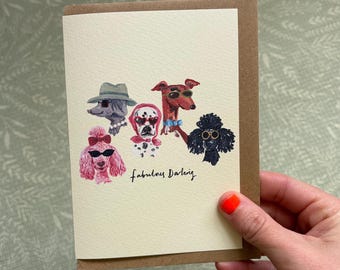 Carte représentant un chien peinte à la main avec des lunettes de soleil, format A6, enveloppe Kraft