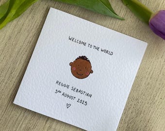Carte portrait peinte à la main NOUVEAU BÉBÉ : caricature personnalisée Bienvenue dans le monde