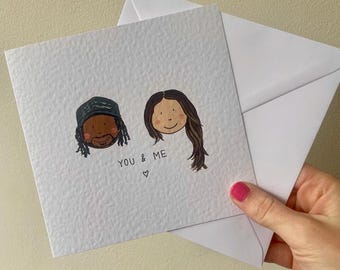 Tarjeta personalizada con retrato pintado a mano: aniversario, San Valentín, amistad, Galentines