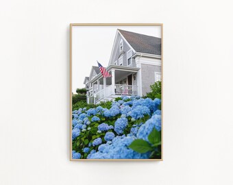 Cape Cod Photography by simplymekb - Un-Framed 8x10 Photo Print of Blue Hydrangeas in front of Cape Cottage Home