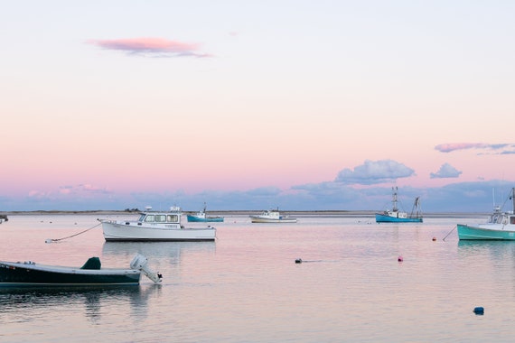Cape Cod Photography by simplymekb - Un-Framed Photo Print of Fishing Boats during a Colorful Sunset Landscape at Chatham Fish Pier