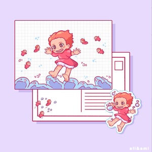 CARTE POSTALE/AUTOCOLLANT - Carte postale inspirée d'une princesse poisson rouge 4 x 6 po et autocollants imperméables en vinyle découpés 3 po.