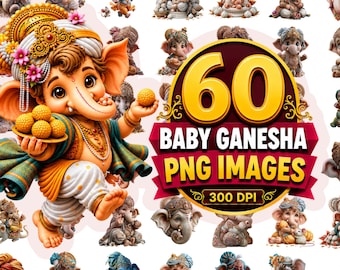 Ensemble PNG de cliparts bébé Ganesh | 70 images de dieu hindou (téléchargement numérique)
