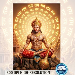 Pode incluir: Uma ilustração digital da divindade Hanuman sentada em posição de meditação sobre uma superfície rochosa. Hanuman usa joias douradas e vestes vermelhas e azuis, segurando uma maça dourada. O fundo apresenta texto brilhante em escrita hindi.
