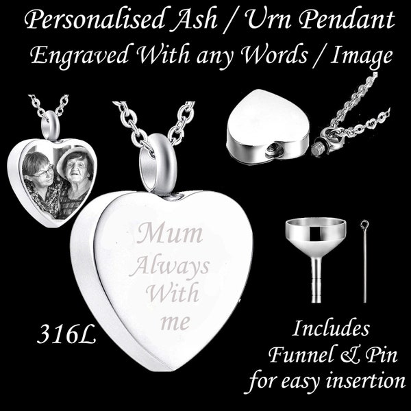 Ash Urn Pendant engraved with any words and or Image