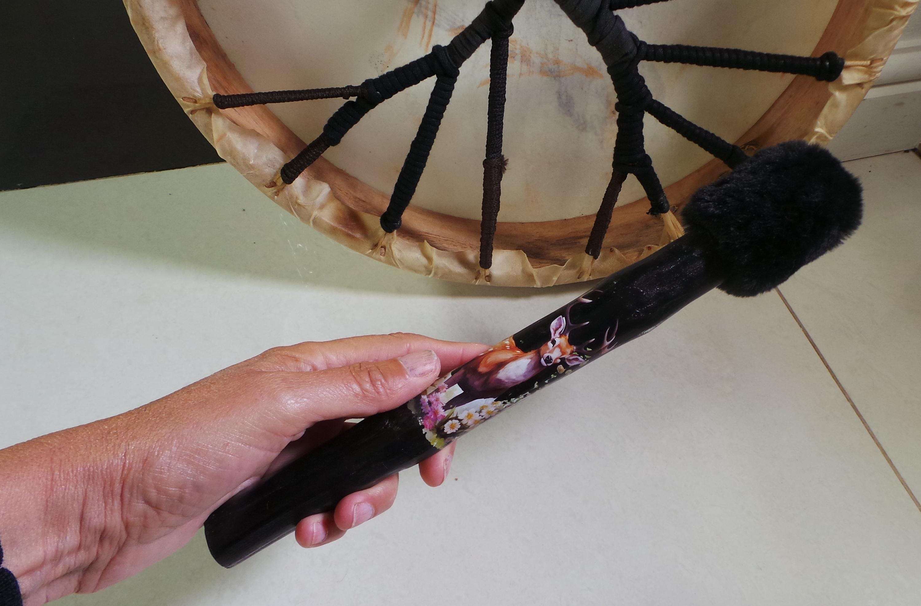 Shamanic Drum Beater: Faux Fur Head, Stag Art