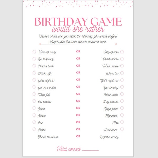 Birthday Would She Rather Game - Digital Download - Printable