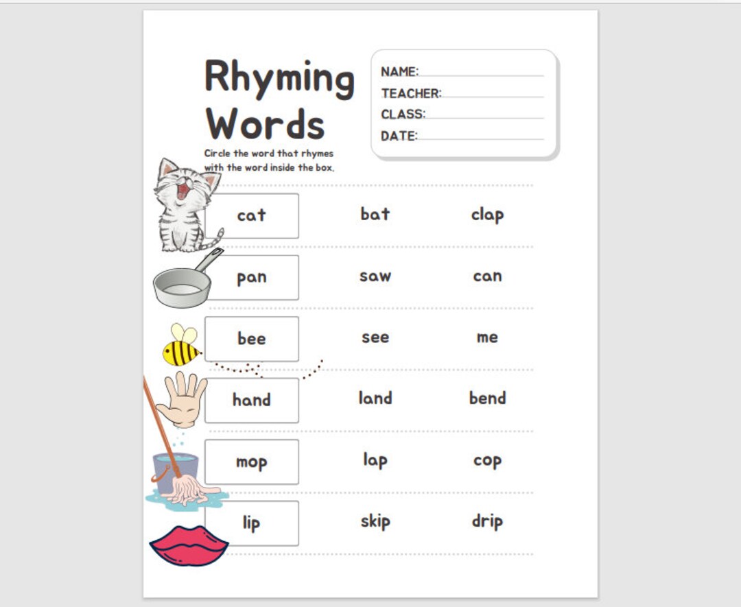 Rhyming Words Worksheet - Digital Download - Printable - Etsy