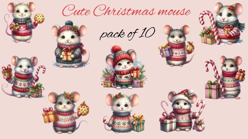 Christmas Mouse Clipart Set | 10 Holiday Mouse Pngs With Candy Canes ...