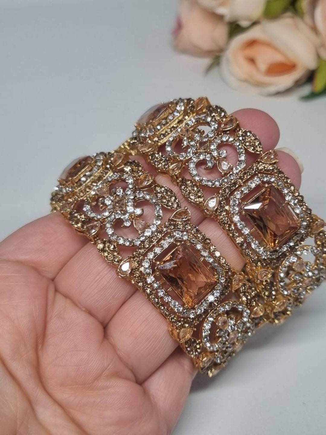 Indian Pakistani 2 Gold Wide Kara Bangles With Champagne Etsy