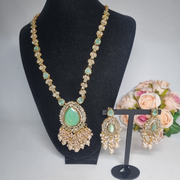 Indian Pakistani 2 piece gold mala set withmint green stones and gajra pearls