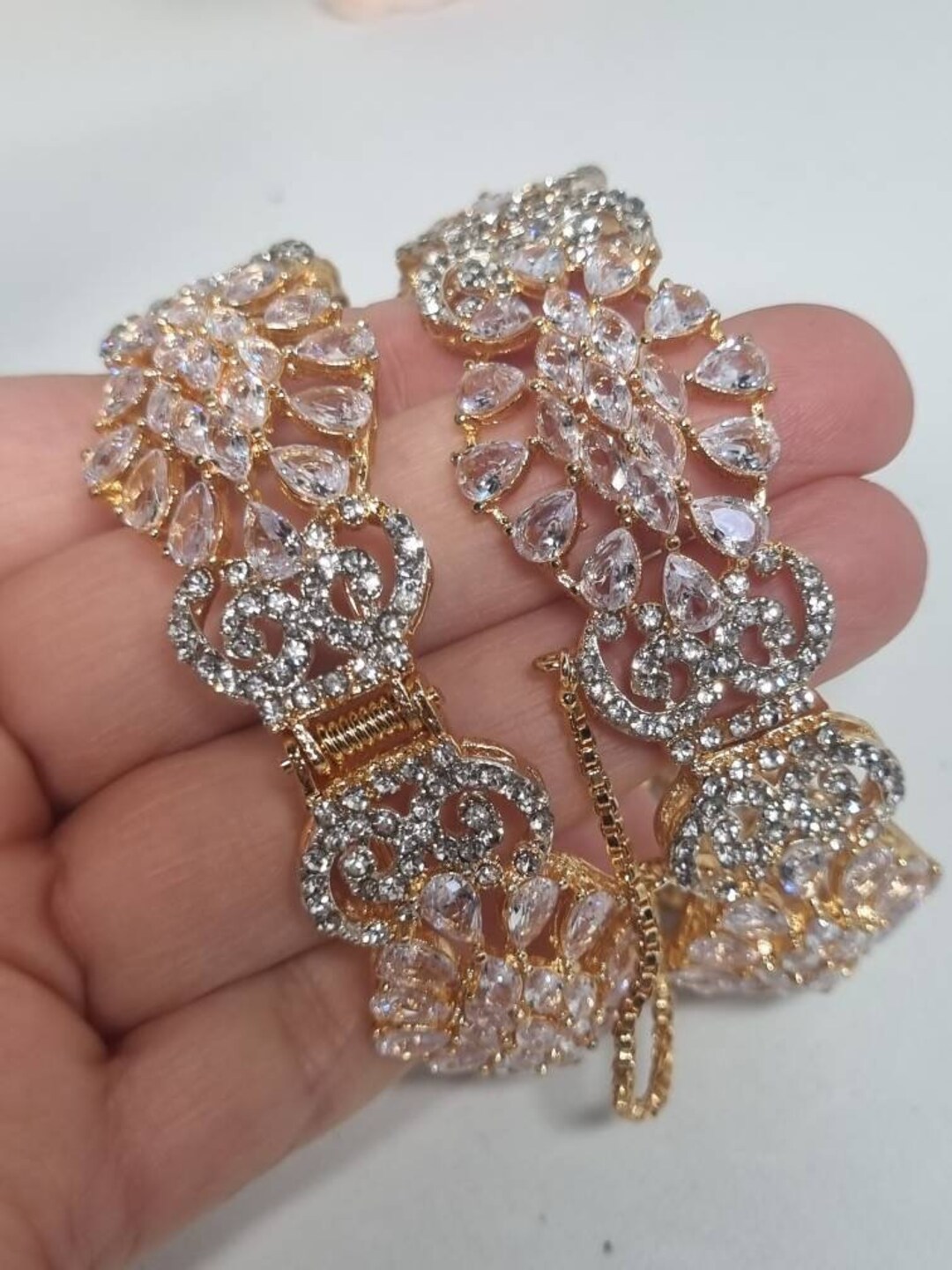 Indian Pakistani Gold Plated Kara Bangles With White Real Etsy