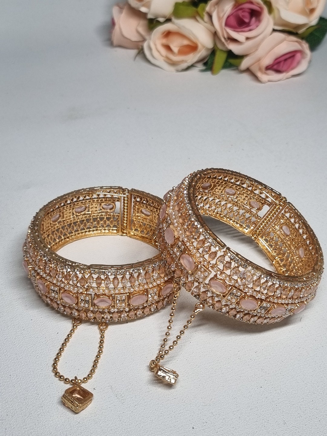 Indian Pakistani 2 Gold Wide Kara Bangles With Pink and Pearl Etsy